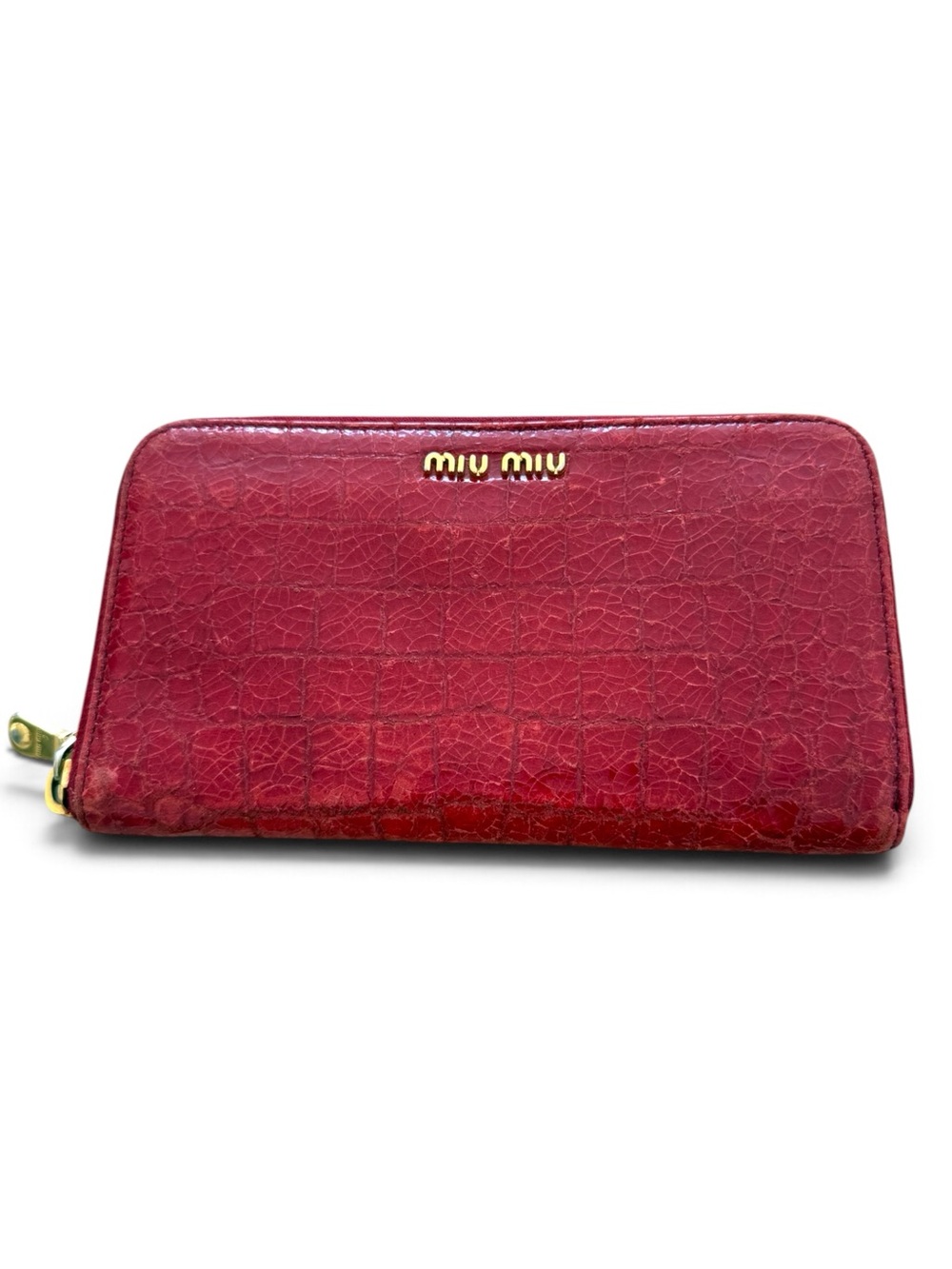 Miu Miu Glossy Red Patent Zip-Around Wallet with Gold Logo